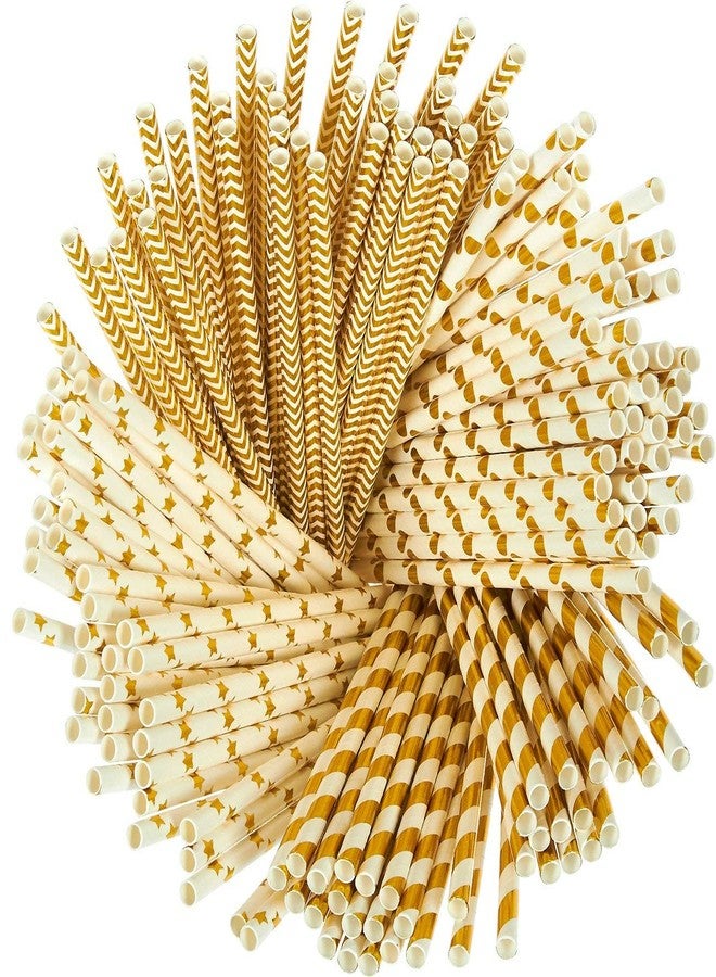 HomeImpel 100 Pack Gold Straws, Biodegradable Paper Straws, Metallic Foil Striped/Wave/Heart/Star Straw for Party Supplies, Birthday, Wedding, Bridal/Baby Shower Decorations and Holiday Celebration - Image 1